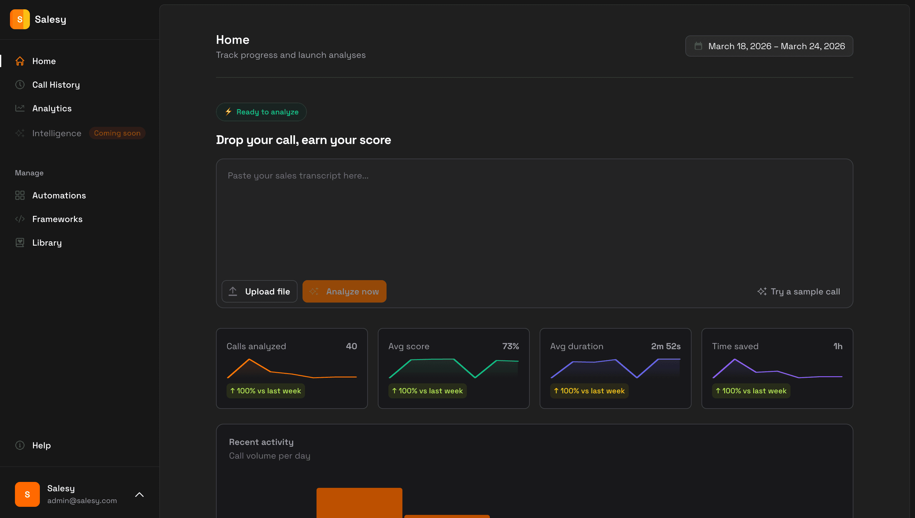 Salesy dashboard showing call analysis and coaching insights