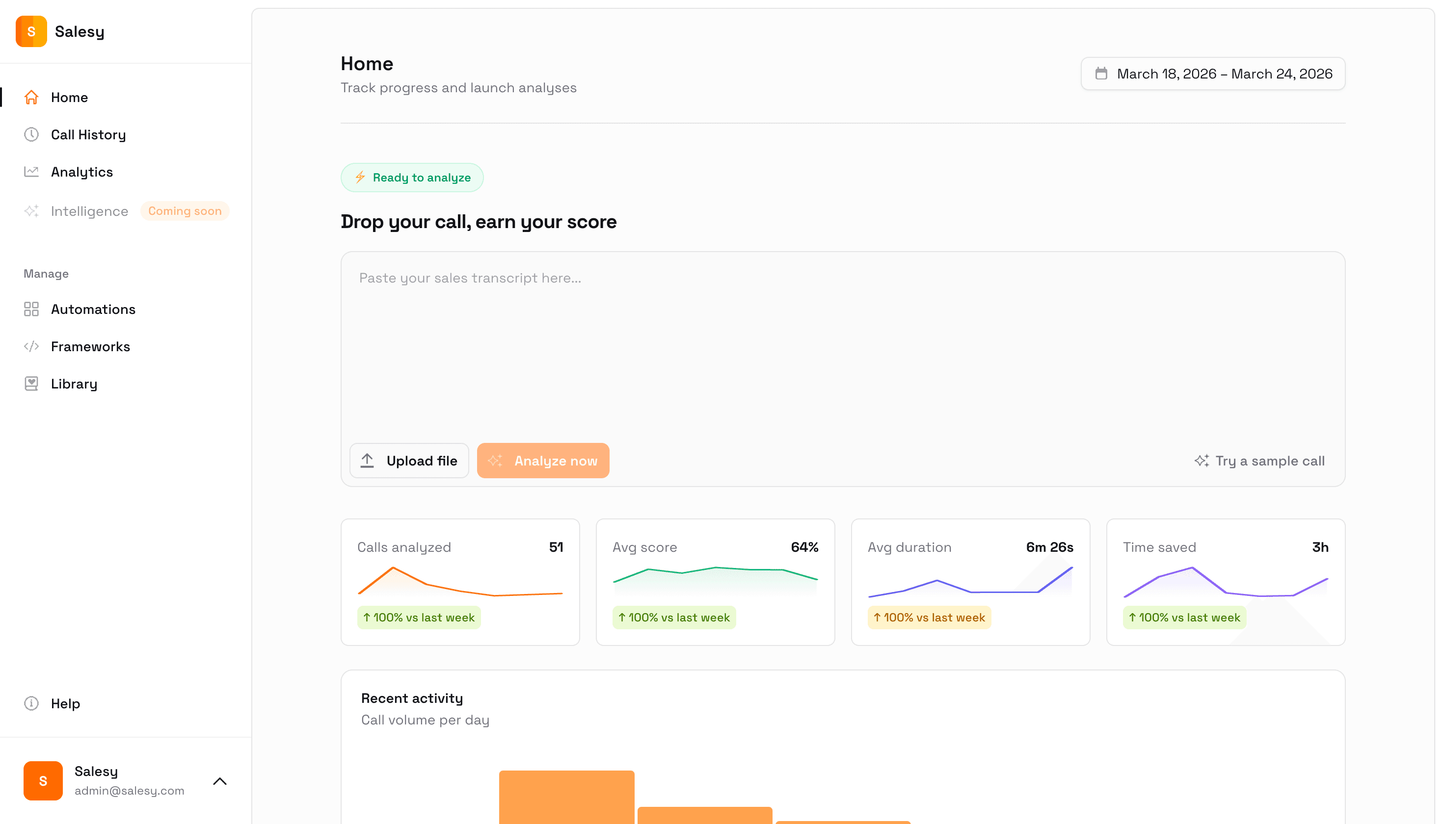 Salesy dashboard showing call analysis and coaching insights